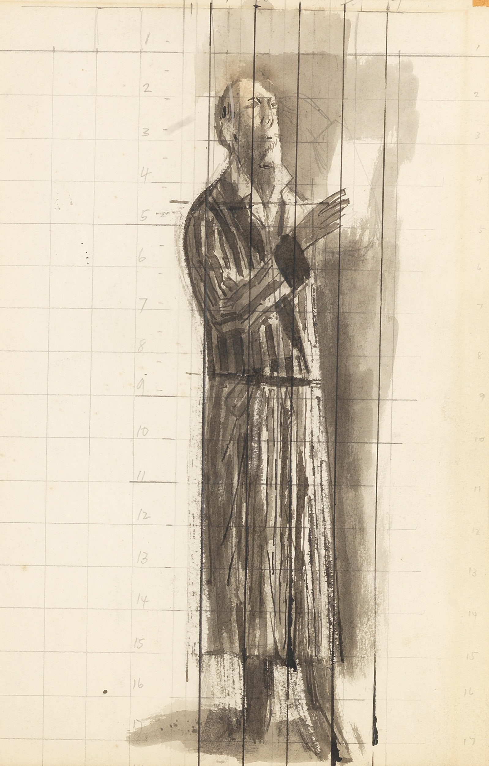Reginald Brill (British, 1902-1974) Sketch for 'The Artist in His Library' (with a further pen a...: Reginald Brill (British, 1902-1974)Sketch for 'The Artist in His Library' titled 'Sketch for/The artist in his library' (on sheet verso)pen and ink, pencil and wash on paper, squared for transfer38 x