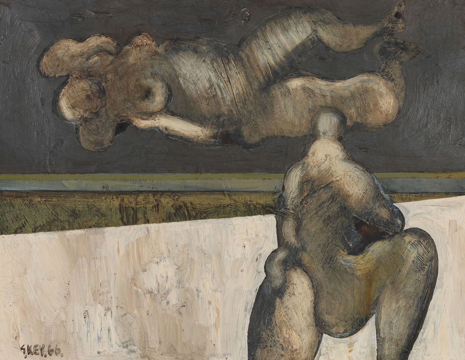 Geoffrey Key (British, born 1941) The Hunters Dream (together with two further works on paper, o...: Geoffrey Key (British, born 1941)The Hunters Dream signed and dated 'G.KEY.66.' (lower left); further signed, titled and dated 'THE HUNTERS DREAM GKEY 1966' (to stretcher bar), also signed and dated '