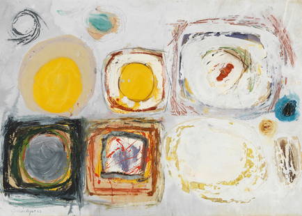 Gillian Ayres C.B.E., R.A. (British, 1930-2018) Shapes: Gillian Ayres C.B.E., R.A. (British, 1930-2018)Shapes signed and dated 'Gillian Ayres 62' (lower left)oil, gouache and chalk on paper55.5 x 77.5cm (21 7/8 x 30 1/2in).Footnotes:ProvenanceThe Royal Col