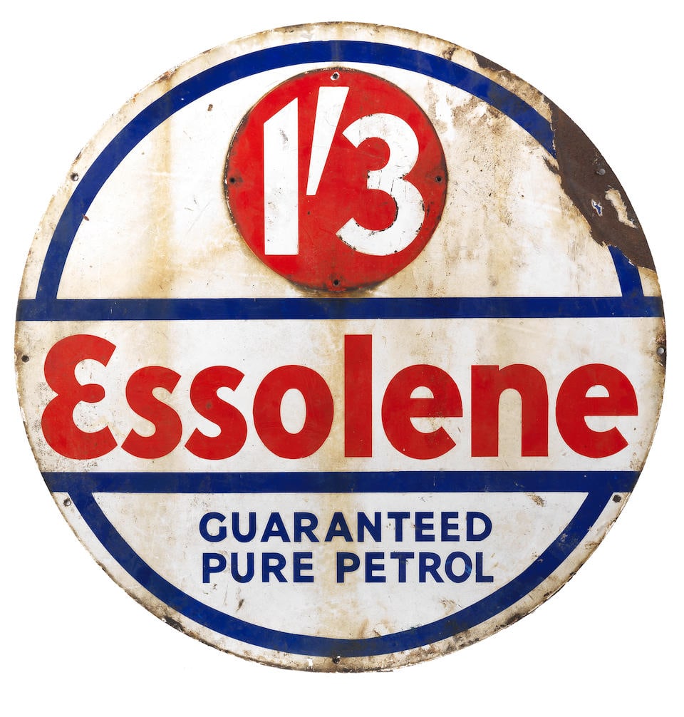 An Essolene Guaranteed Pure Petrol circular enamel sign, (1 of 2)