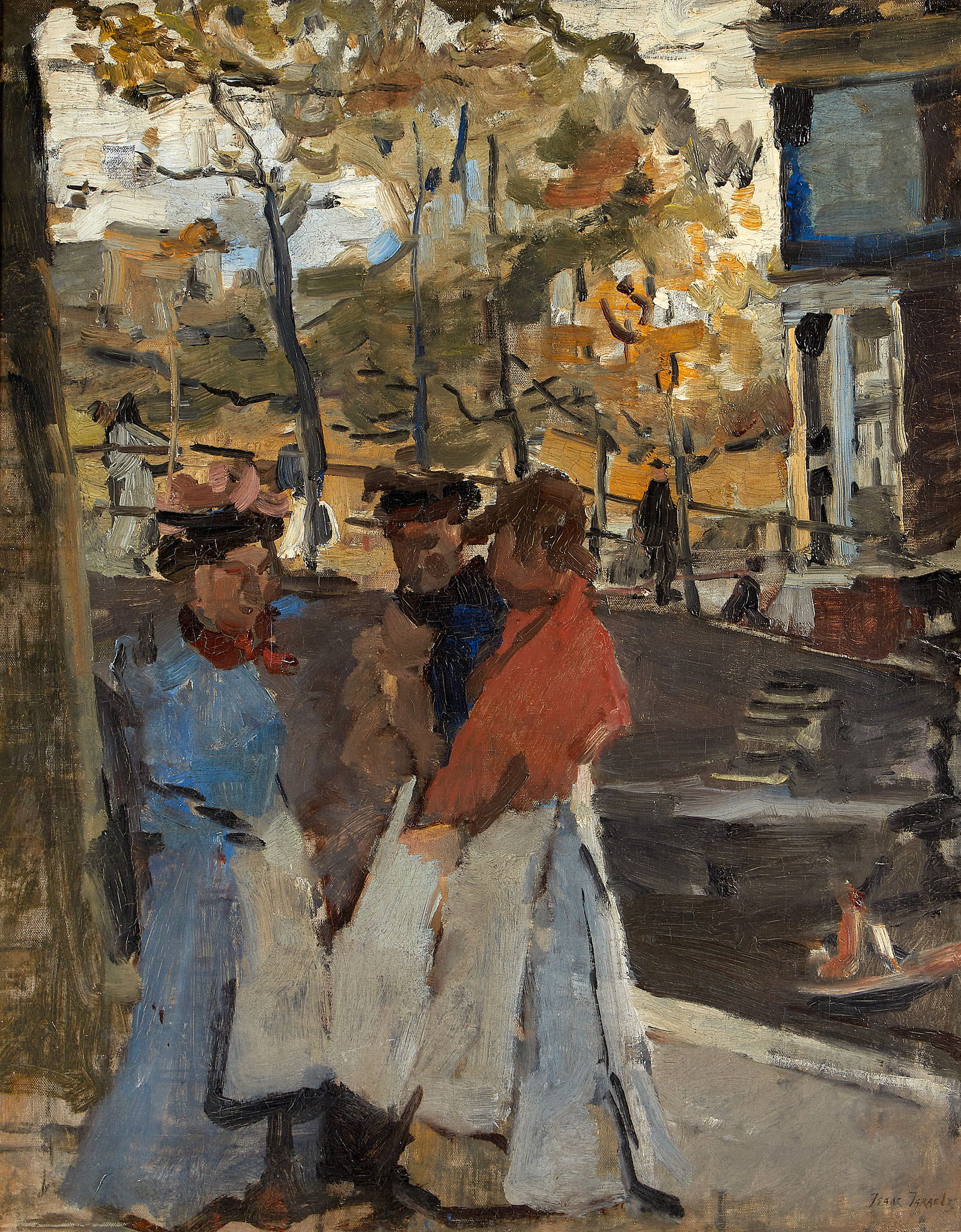Isaac Israels (Dutch, 1865-1934) Drie vrouwen op de hoek Keizersgracht/Leidsegracht te Amsterdam...: Isaac Israels (Dutch, 1865-1934) Drie vrouwen op de hoek Keizersgracht/Leidsegracht te Amsterdam (Three women on the corner of Keizersgracht and Leidsegracht, Amsterdam) Signed 'Isaac Israëls' (l