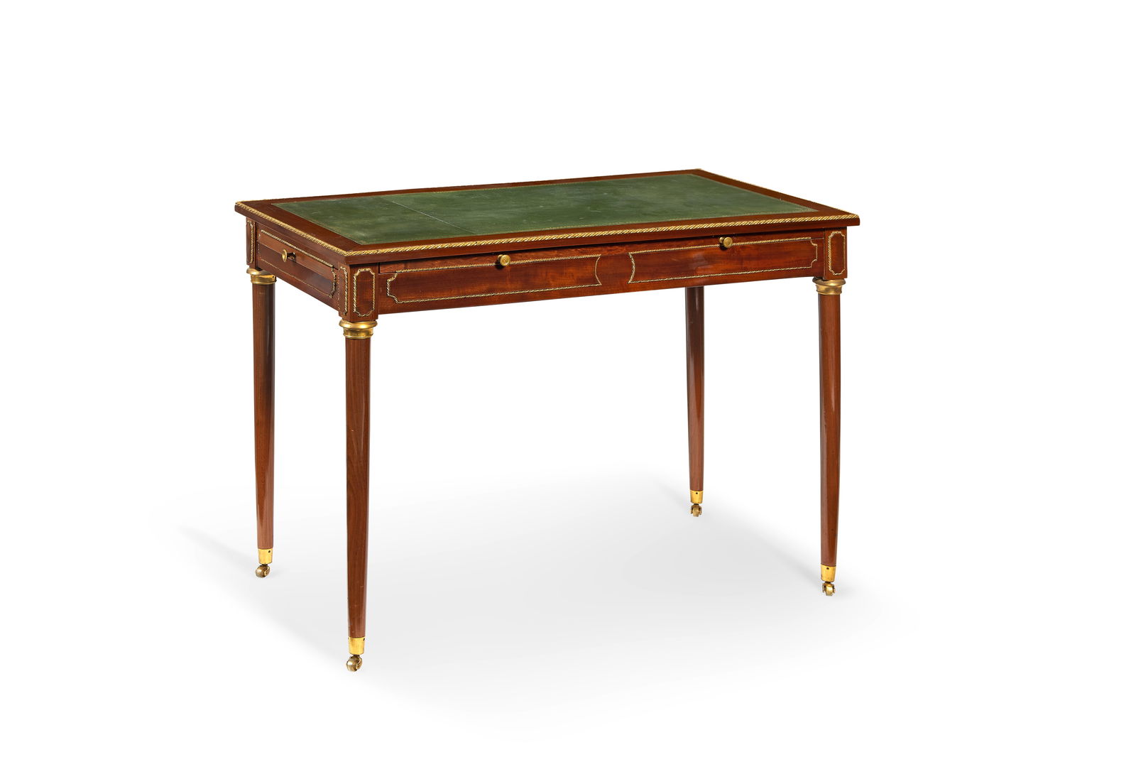 A Directoire ormolu mounted mahogany writing tableMade by Jacob Frï¿½res Rue Mesl...: A Directoire ormolu mounted mahogany writing table Made by Jacob Frères Rue Meslée, circa 1800 The rectangular top inset with a gilt tooled green leather writing surface above a further slid