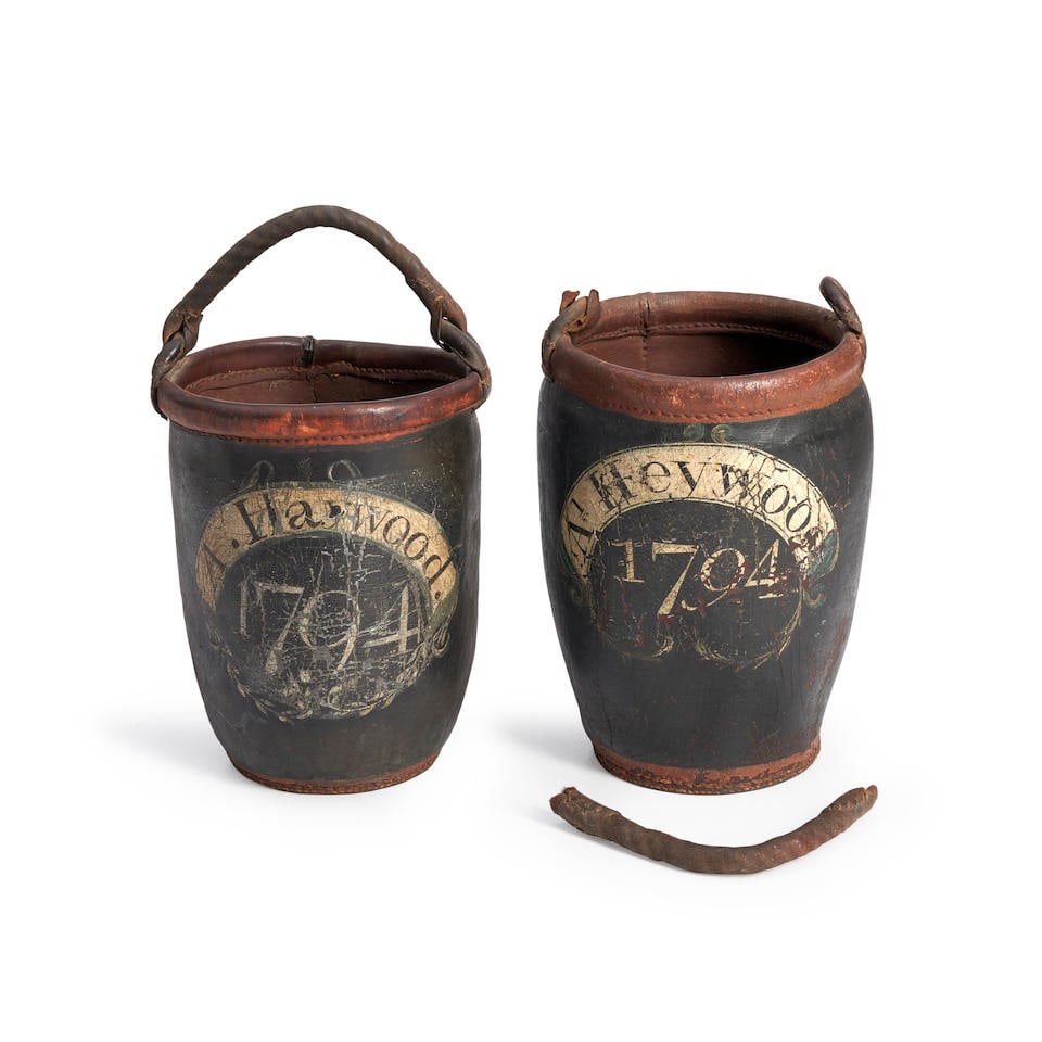 Near Pair of Painted Leather Fire Buckets, probably Concord, Massachusetts, 1794. (1 of 2)