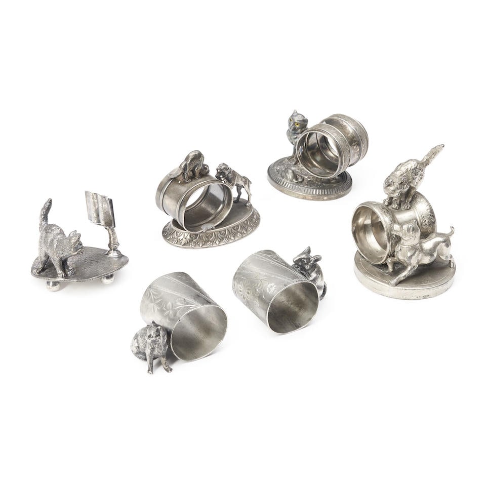 Six Silver Plate Napkin Rings with Cats, New England, late 19th century. (1 of 1)