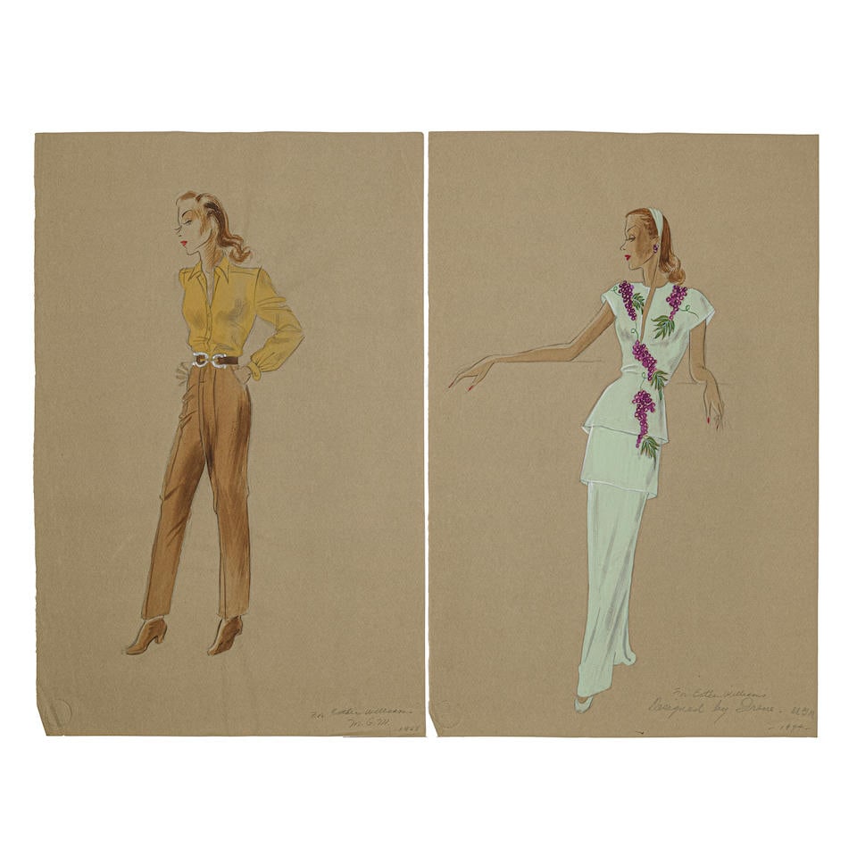 Esther Williams Two Costume Sketches Designed by Irene and Drawn by Paula Giokaris. (1 of 2)