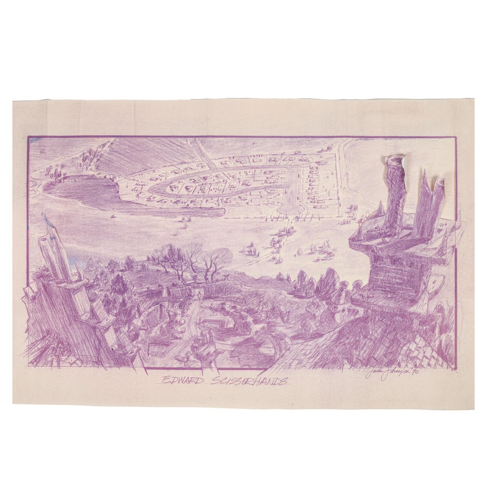 Set of 4 Blueline Schematics for Exterior Sets Designed by Jack Johnson for Edward Scissorhands.: Set of 4 Blueline Schematics for Exterior Sets Designed by Jack Johnson for Edward Scissorhands. 20th Century, 1990. Original 4 production made blueline prints on paper featuring 3-of Edward's Gothic