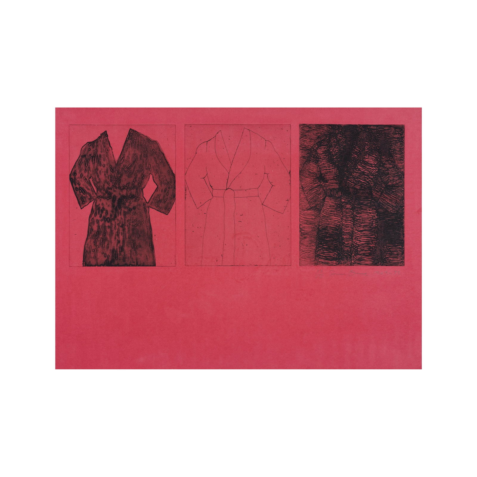 JIM DINE (NE EN 1935) Self Portrait (Red), 1969-1972 (Williams College, 59)Eau-forte en noir su...: JIM DINE (NE EN 1935) Self Portrait (Red), 1969-1972 (Williams College, 59) Eau-forte en noir sur papier rouge Hodgkinson filigranné 'Jim Dine' Signée, datée et numérotée 15/