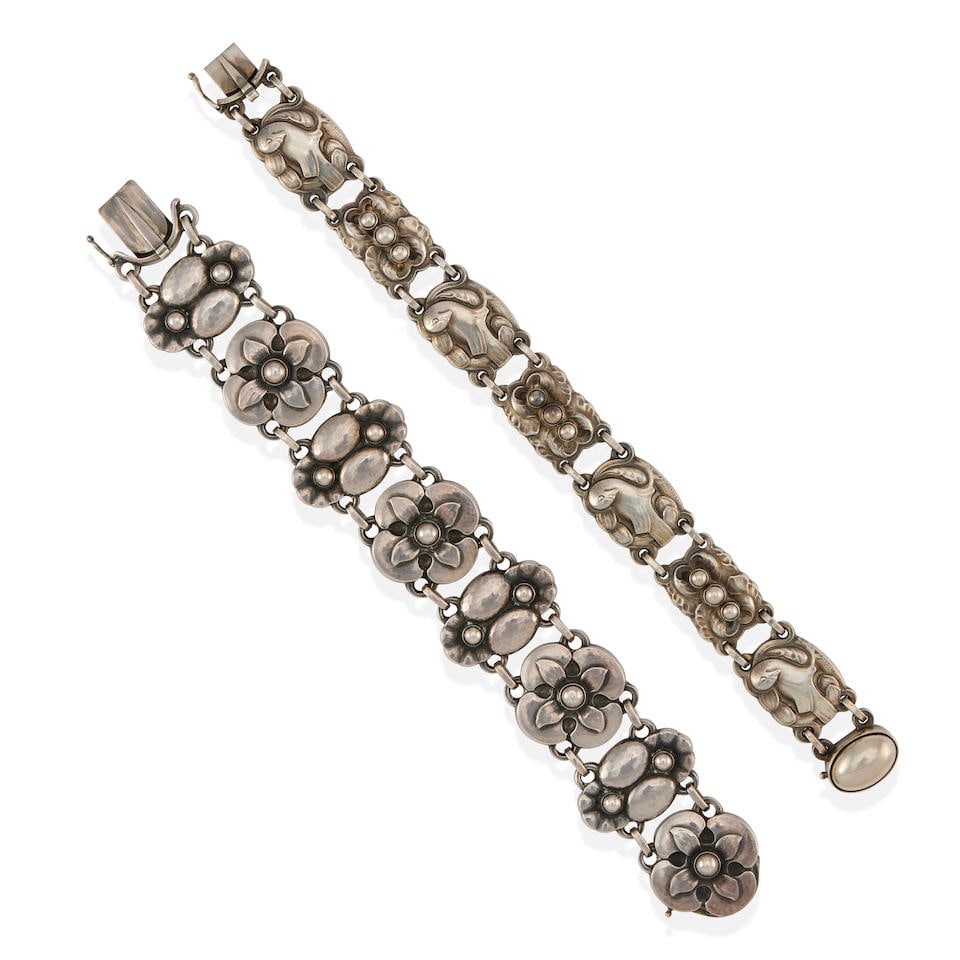 GEORG JENSEN: TWO SILVER LINK BRACELETS: GEORG JENSEN: TWO SILVER LINK BRACELETS • Sterling silver • Each with post-1945 maker's mark, Denmark, numbered 24 and 27 • Lengths 7 and 7 2/8 in. • Estimated gross weight: 81
