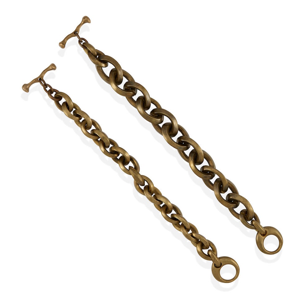 ROBERT LEE MORRIS: TWO METAL LINK BRACELETS, 1987: ROBERT LEE MORRIS: TWO METAL LINK BRACELETS, 1987 • Bronze • Each hand inscribed Morris 1987, with signed pouch and purchase note • Lengths 7 3/4 in. and 8 in. • Estimated gros