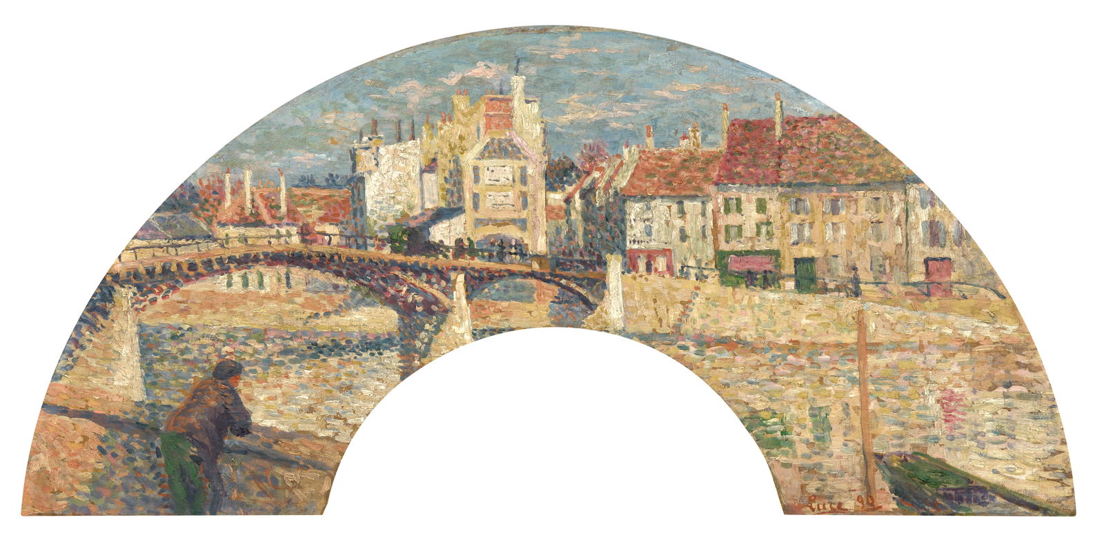 MAXIMILIEN LUCE (1858-1941) Lagny, La Marne et le Pont de Fer 10 11/16 x 23 7/16 in (27.2 x 59.6...: MAXIMILIEN LUCE (1858-1941) Lagny, La Marne et le Pont de Fer signed and dated 'Luce 90' (lower right) oil on paper laid down on panel, in the shape of a fan 10 11/16 x 23 7/16 in (27.2 x 59.6 cm) (im