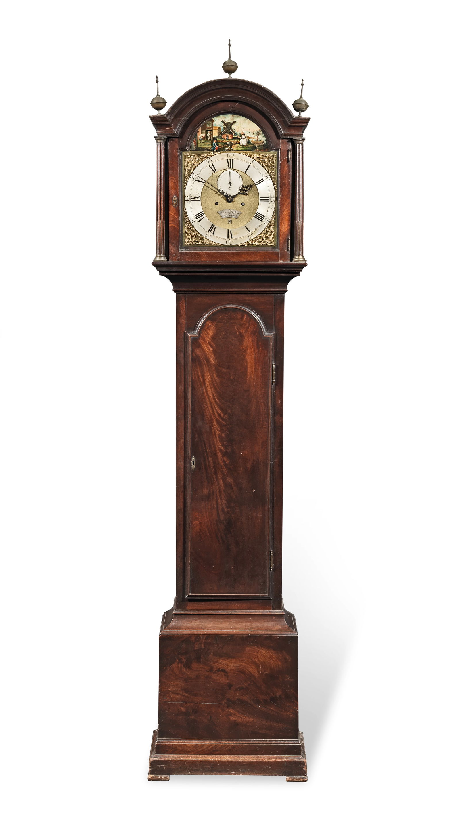 A rare late 18th century mahogany automata longcase clock John Thompson, London: A rare late 18th century mahogany automata longcase clock John Thompson, London Surmounted by three ball-and-spire finials over an arched cornice supported on brass stop-fluted freestanding columns ov