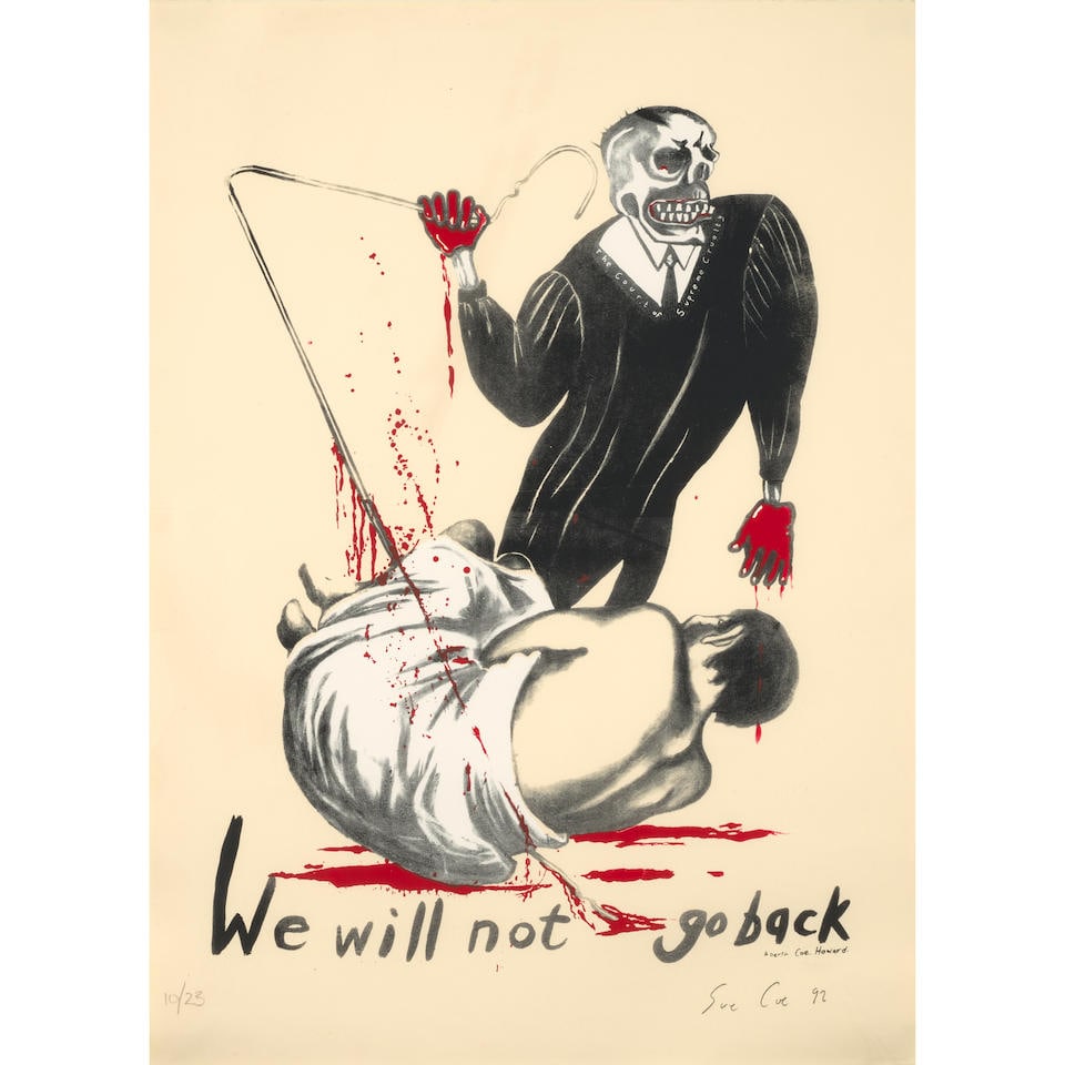 Sue Coe (born 1951); We Will Never Go Back;: Sue Coe (born 1951) We Will Never Go Back, 1992 Lithograph with hand-coloring in gouache on Rives BFK paper, signed in pencil, dated and numbered 10/23, with full margins, framed. sheet 26 1/4 x 18 3/