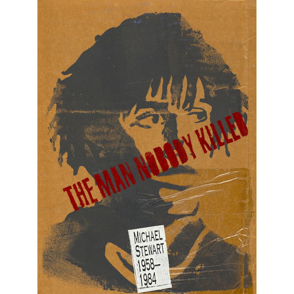 David Hammons (born 1943); The Man Nobody Killed, from Cobalt Myth Mechanics, Eye Magazine #14;: David Hammons (born 1943) The Man Nobody Killed, from Cobalt Myth Mechanics, Eye Magazine #14, 1986 Unique screenprint in colors with paper collage on cardboard, numbered in pencil 31/200 on the title