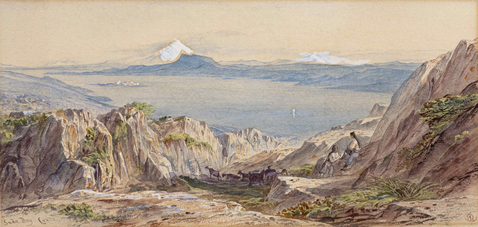 Edward Lear (British, 1812-1888) Suda bay, Crete (signed with initials and titled (lower left)wa...: Edward Lear (British, 1812-1888) Suda bay, Crete signé avec initials (en bas à droite) et titré 'Suda Bay Crete' (en bas à gauche) aquarelle sur papier 17.5 x 36.8cm (6 7/8 x 14 1/
