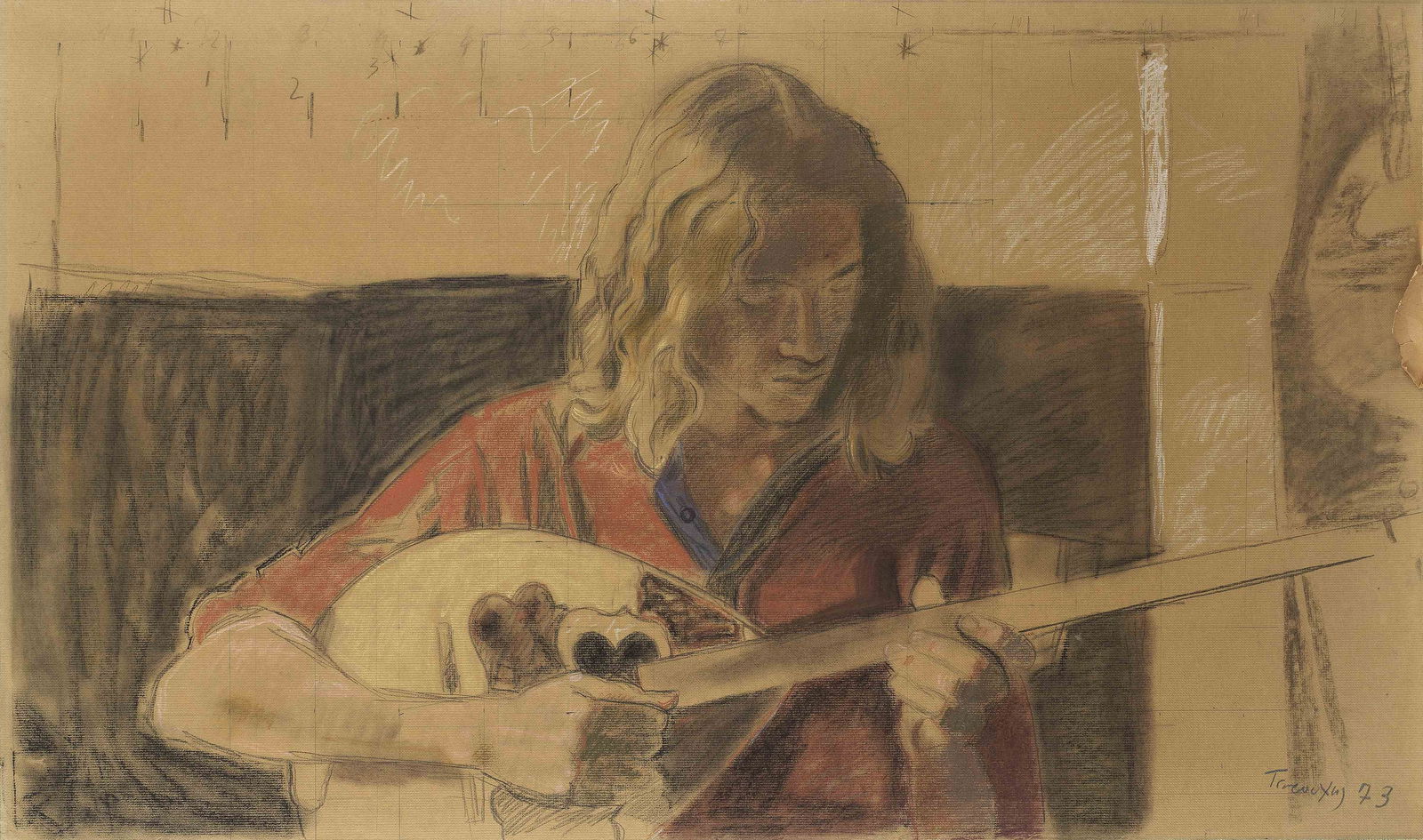 Yiannis Tsarouchis (Greek, 1910-1989) Dominique jouant le bouzouki (Peint en 1973.signed in Gree... (1 of 1)