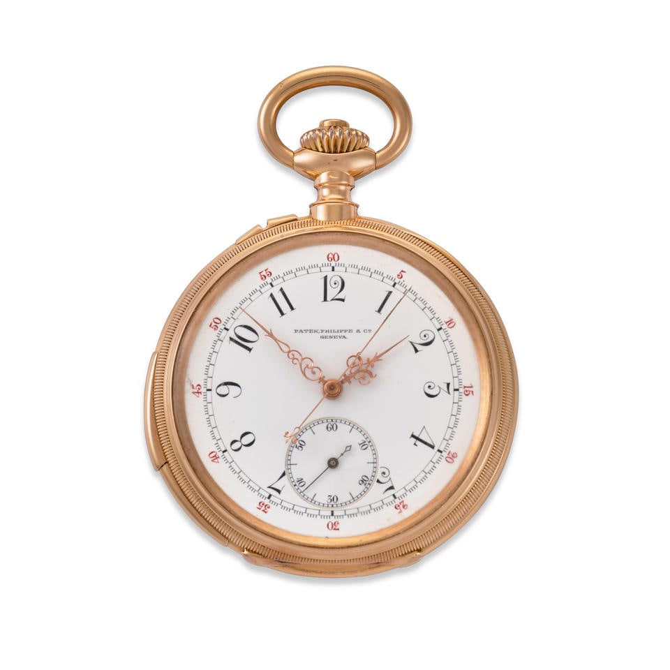 PATEK PHILIPPE & CO., GENEVA. A FINE 18K GOLD OPENFACE FIVE MINUTE REPEATING CHRONOGRAPHCirca 1883: PATEK PHILIPPE & CO., GENEVA. A FINE 18K GOLD OPENFACE FIVE MINUTE REPEATING CHRONOGRAPH Date: Circa 1883 Movement: Bridge pattern jeweled through the hammers, counterpoised lever escapement bimetalli