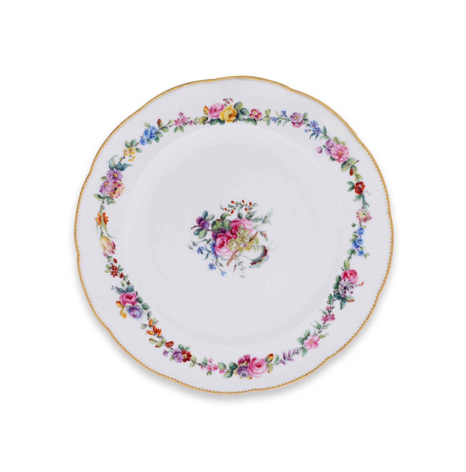 A Sèvres plate, dated 1770: A Sèvres plate, dated 1770 Painted by Bertrand with a bouquet of flowers and fruit in the well, the rim with a garland of flowers and gilt-dentil border, 24cm diam., interlaced LL monogram enclos