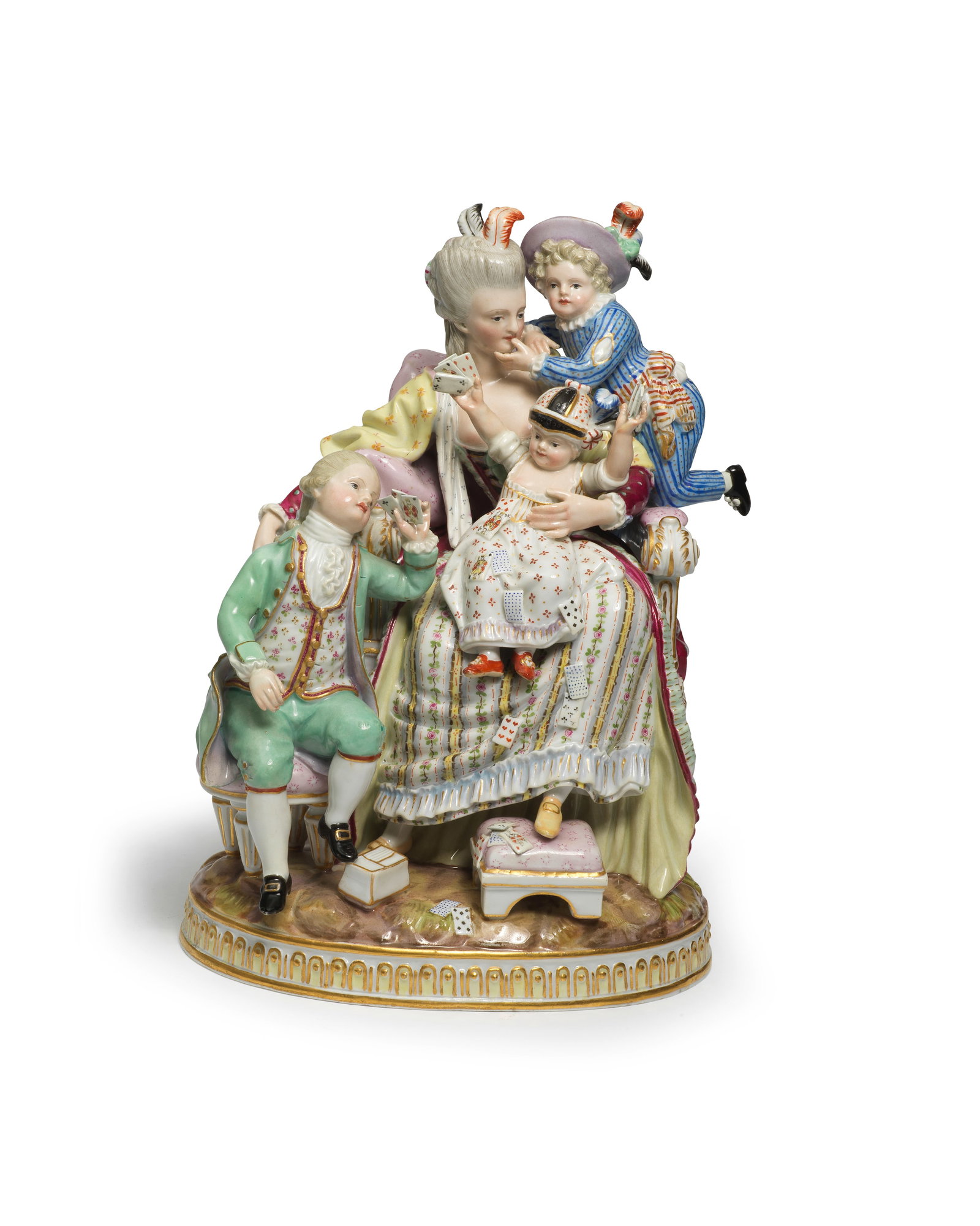 A Meissen group of 'The Good Mother', late 19th century: A Meissen group of 'The Good Mother', late 19th century After the 18th century model by M.V. Acier, the mother seated on an armchair wearing a patterned puce dress and yellow floral shawl, a baby on h