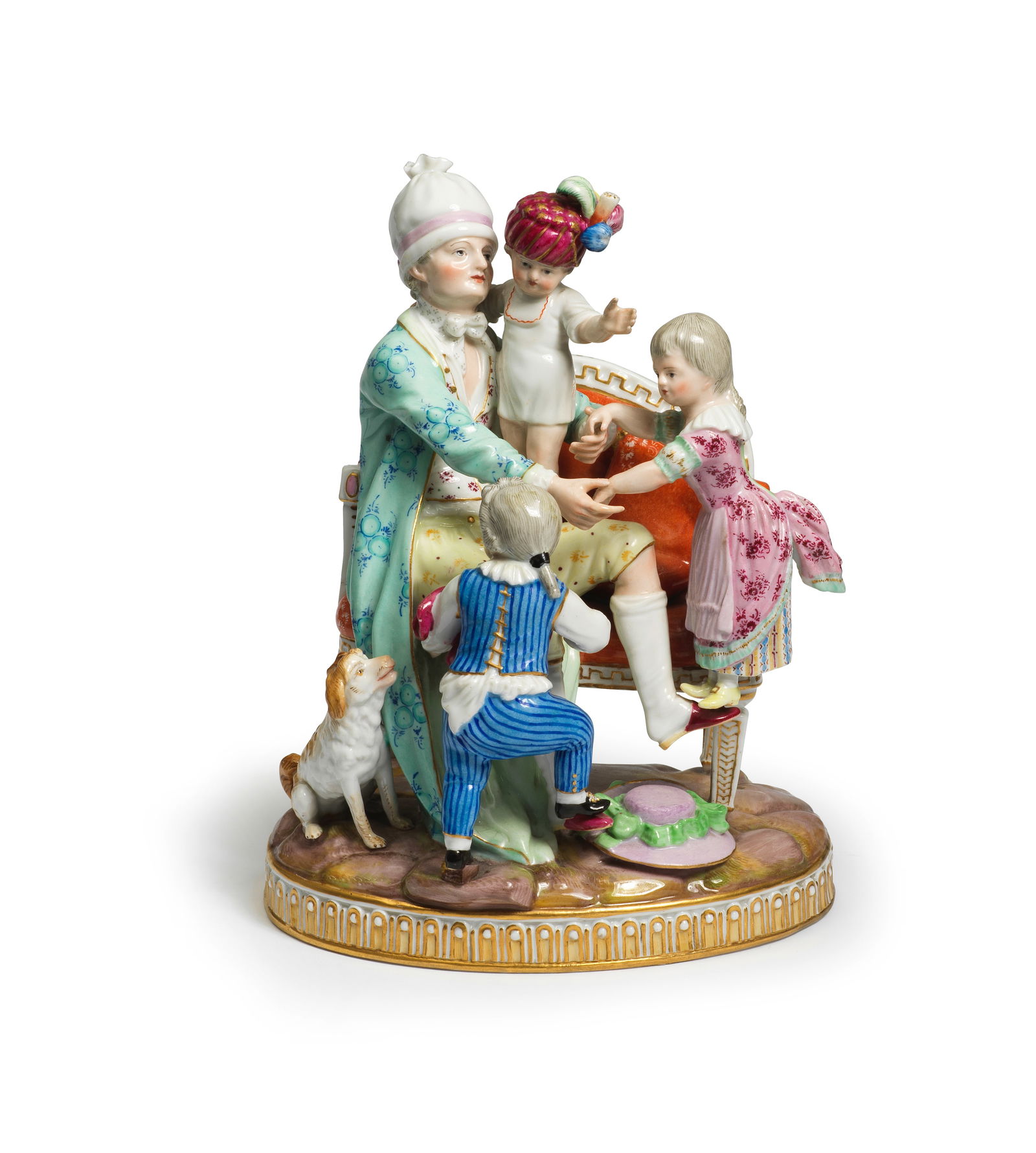 A Meissen group of 'The Good Father', late 19th century: A Meissen group of 'The Good Father', late 19th century After the model by J.C. Schönheit of 1785, the father wearing a turquoise patterned coat and seated on a sofa, a toddler standing on his kn