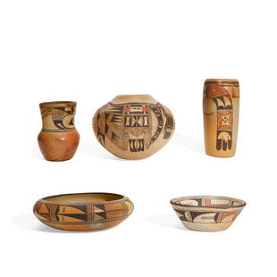 Five Hopi pottery vessels: Five Hopi pottery vessels Comprising a bowl by Paqua Naha (Frog Woman) (1890-1955), a jar by Stella Huma (1929-1996) and two vases and a bowl by unknown artists. largest (unsigned bowl): height 3in, d