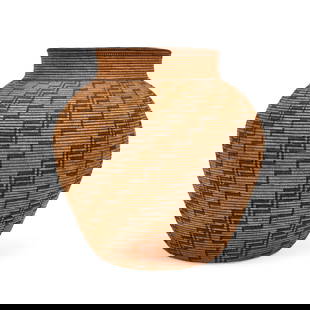 A large Chemehuevi olla: An exceptional Chemehuevi olla Worked with alternating single and trios of stepped bands from base to rim, a single checkered row of stitches below the solid rim. height 15 1/2in, diameter 15 1/2in Fo