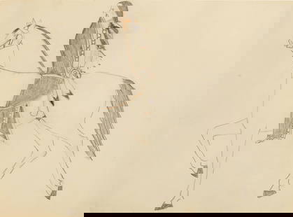 A Plains ledger drawing: A Plains ledger drawing Graphite and colored pencil on paper under glass, depicting a rider on horseback. sight: height 8in, width 10 7/8in Footnotes: Provenance From the Collection of Patricia M. Pap