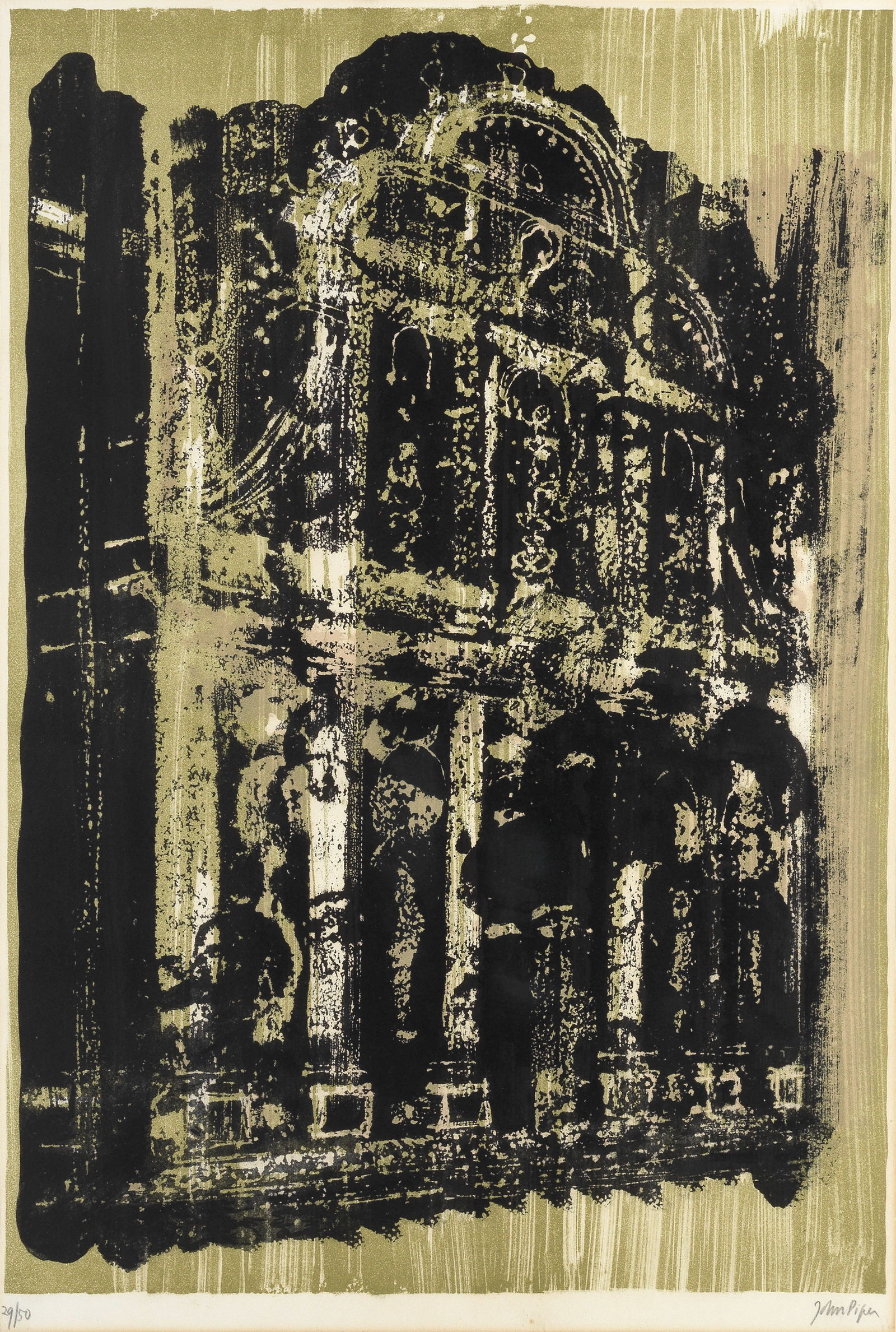 John Piper C.H. (British, 1903-1992) San Zobenigo Lithograph in colours, 1961, on wove paper, si...: John Piper C.H. (British, 1903-1992)San Zobenigo (Levinson 118) Lithograph in colours, 1961, on wove paper, signed and numbered 29/50 in pencil, printed by Harley Brothers, Edinburgh, published by Cur