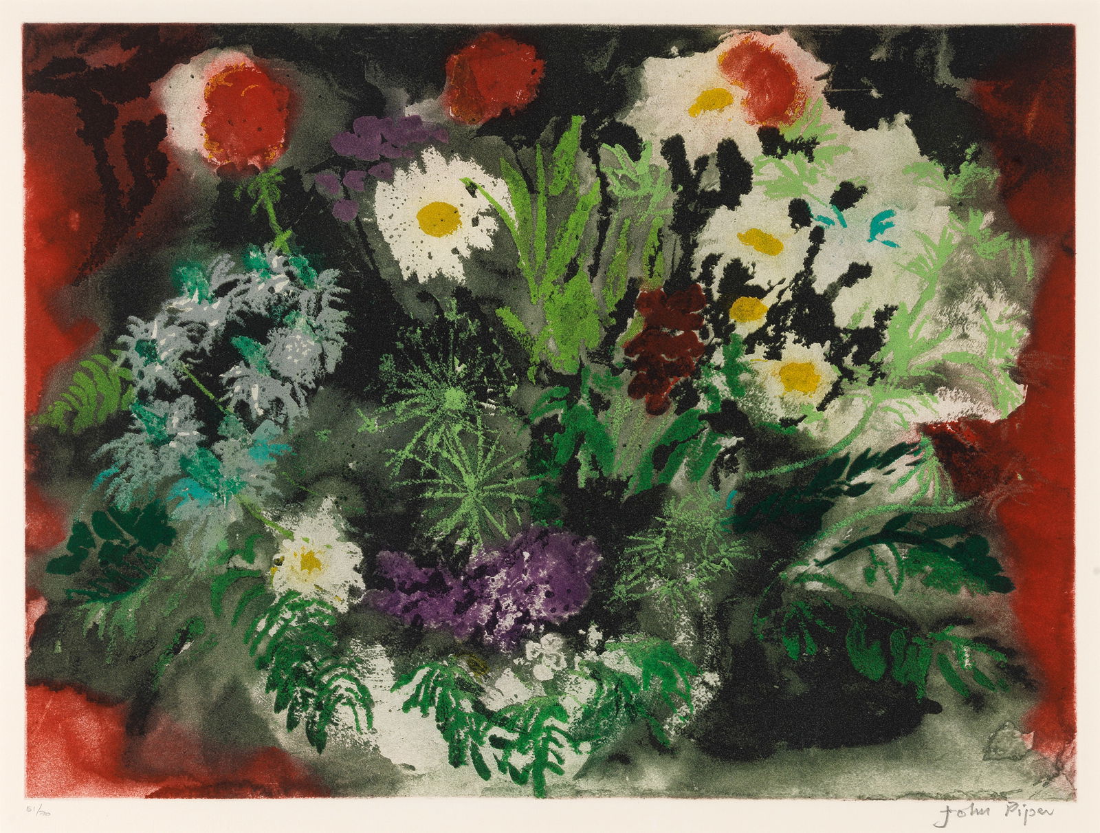 John Piper C.H. (British, 1903-1992) Late Summer Flowers Etching and aquatint in colours, 1989, ...: John Piper C.H. (British, 1903-1992)Late Summer Flowers (Levinson 419) Etching and aquatint in colours, 1989, on wove paper, signed and numbered 51/70 in pencil (there were also 15 artist's proofs), p