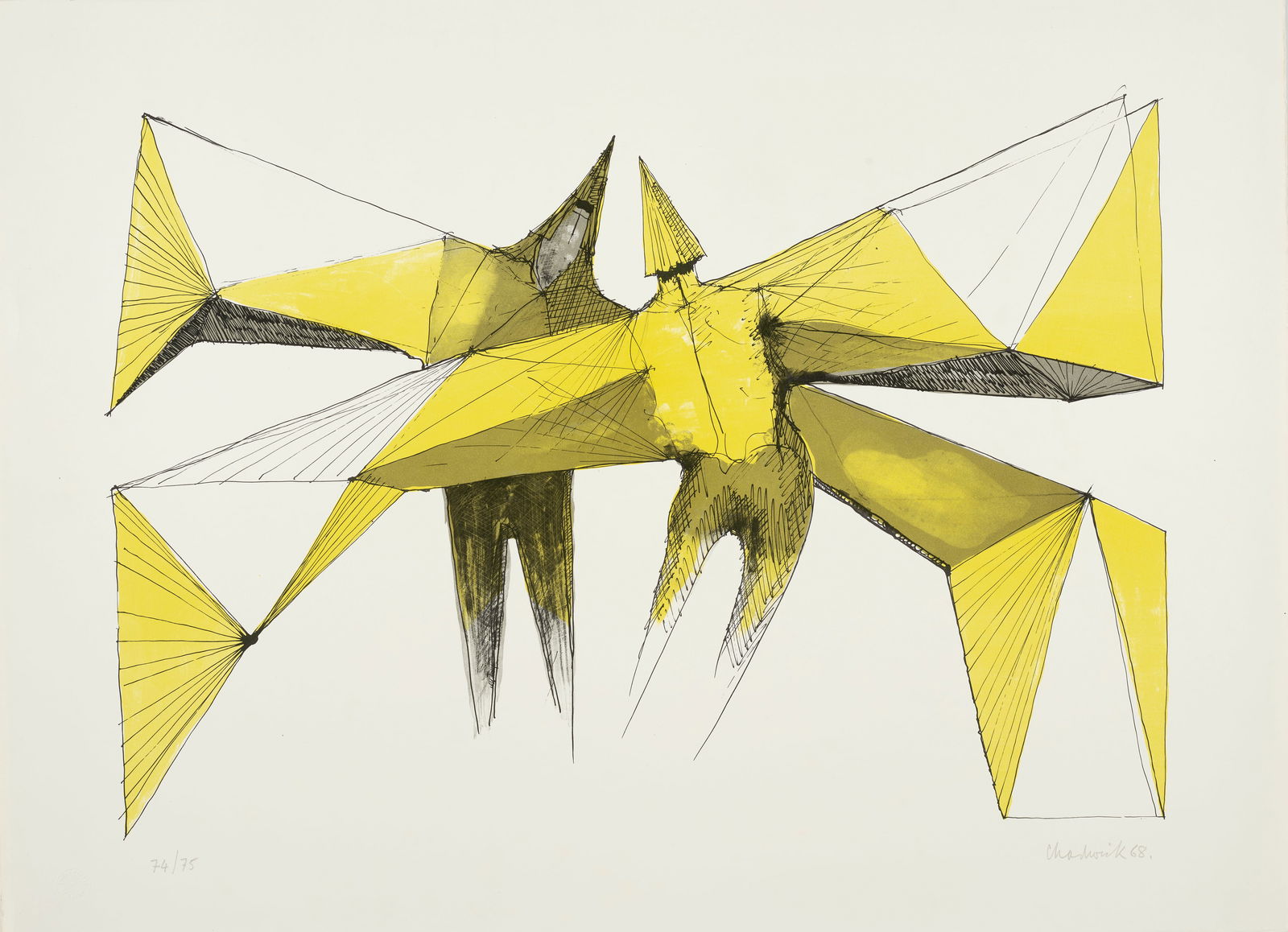 Lynn Chadwick R.A. (British, 1914-2003) Untitled (Two Dancing Figures) Lithograph in colours, 19...: Lynn Chadwick R.A. (British, 1914-2003)Untitled (Two Dancing Figures) Lithograph in colours, 1968, on BFK Rives wove paper, signed, dated and numbered 74/75 in pencil, printed by The Erker Presse, St.