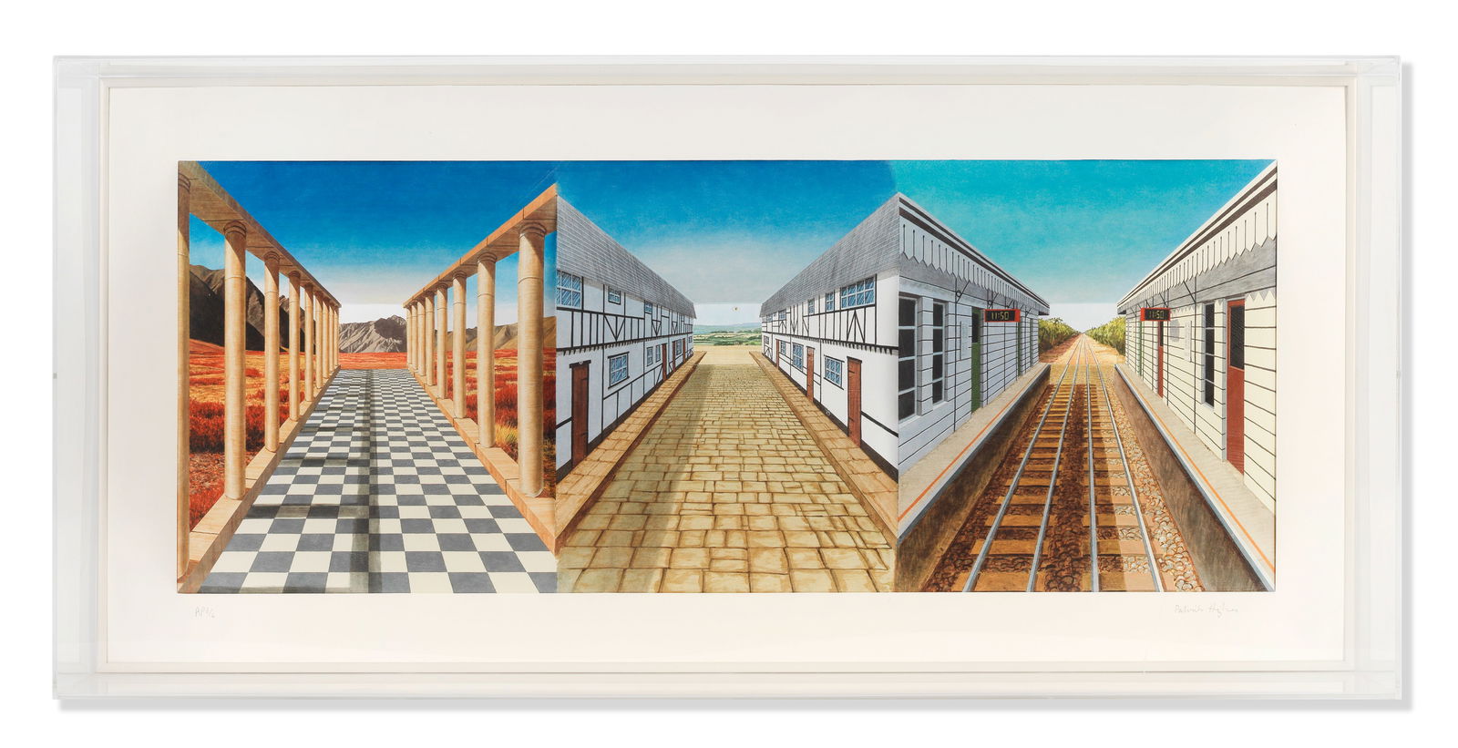 Patrick Hughes (British, born 1939) Journeys 3D lithographic multiple with hand-colouring, 2000,...: Patrick Hughes (British, born 1939)Journeys 3D lithographic multiple with hand-colouring, 2000, on wove paper, signed and numbered 'AP 6/6' in pencil, one of six artist's proofs aside from the numbere