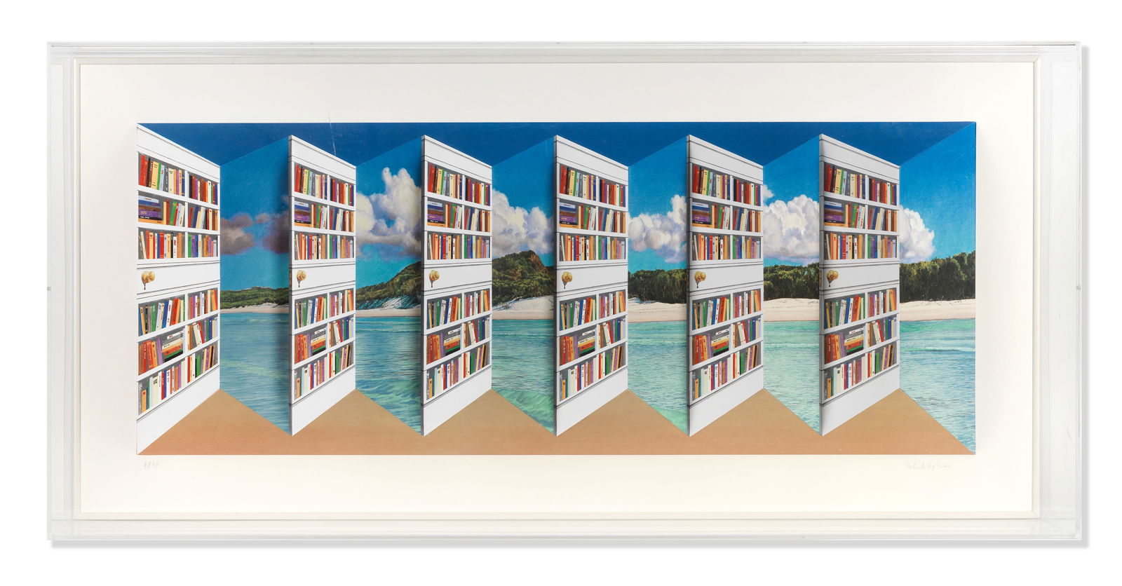 Patrick Hughes (British, born 1939) Library Doors 3D lithographic multiple with hand-colouring, ...: Patrick Hughes (British, born 1939)Library Doors 3D lithographic multiple with hand-colouring, 2004, on wove paper, signed and numbered 'AP 4/7' in pencil, one of seven artist's proofs aside from the