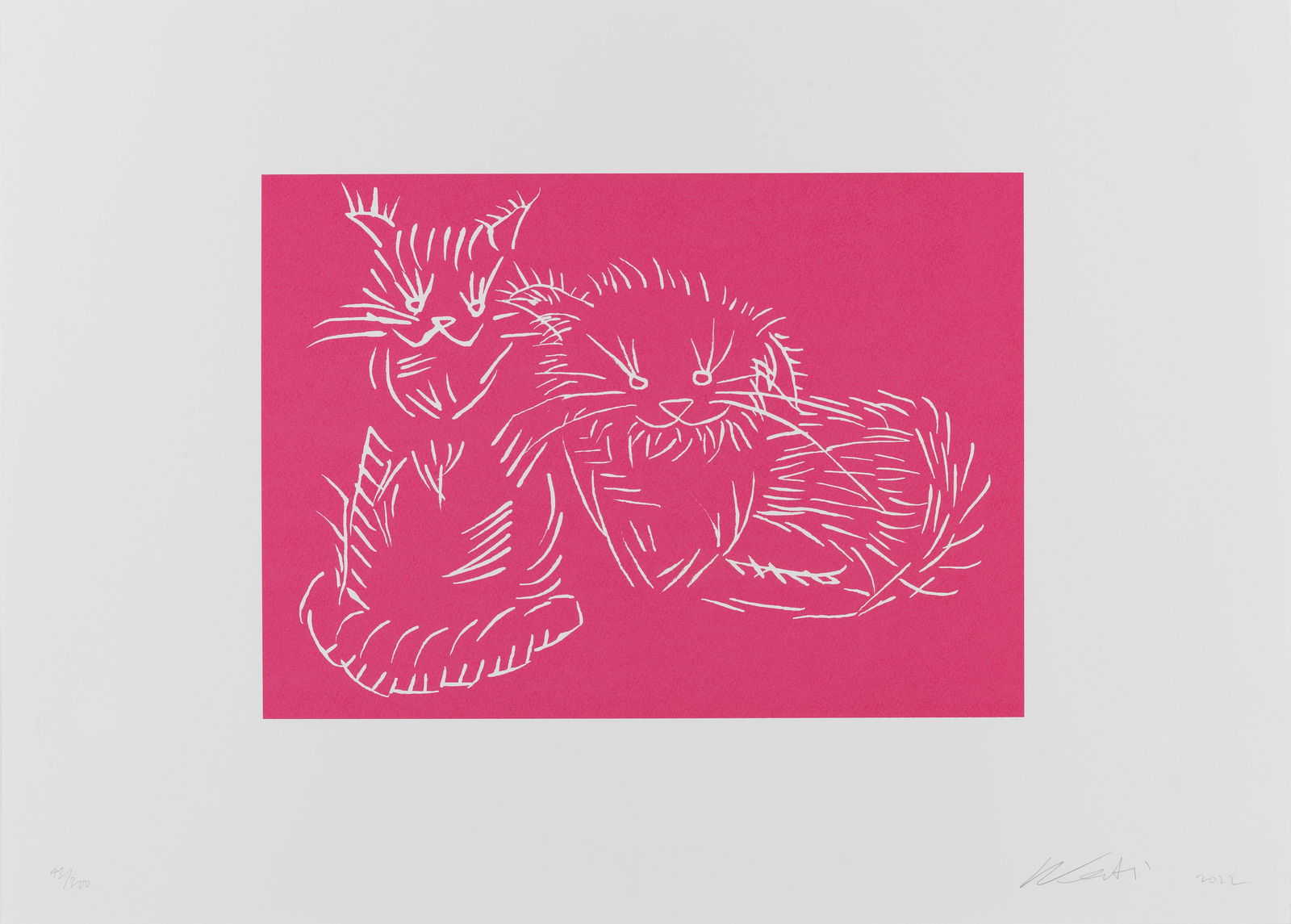 Ai Weiwei (Chinese, born 1957) Cats (Pink) Screenprint in pink, 2022, on Somerset Velvet wove pa...: Ai Weiwei (Chinese, born 1957)Cats (Pink) Screenprint in pink, 2022, on Somerset Velvet wove paper, signed, dated and numbered 43/300 in pencil, published by Kettle's Yard, Cambridge, with full margin