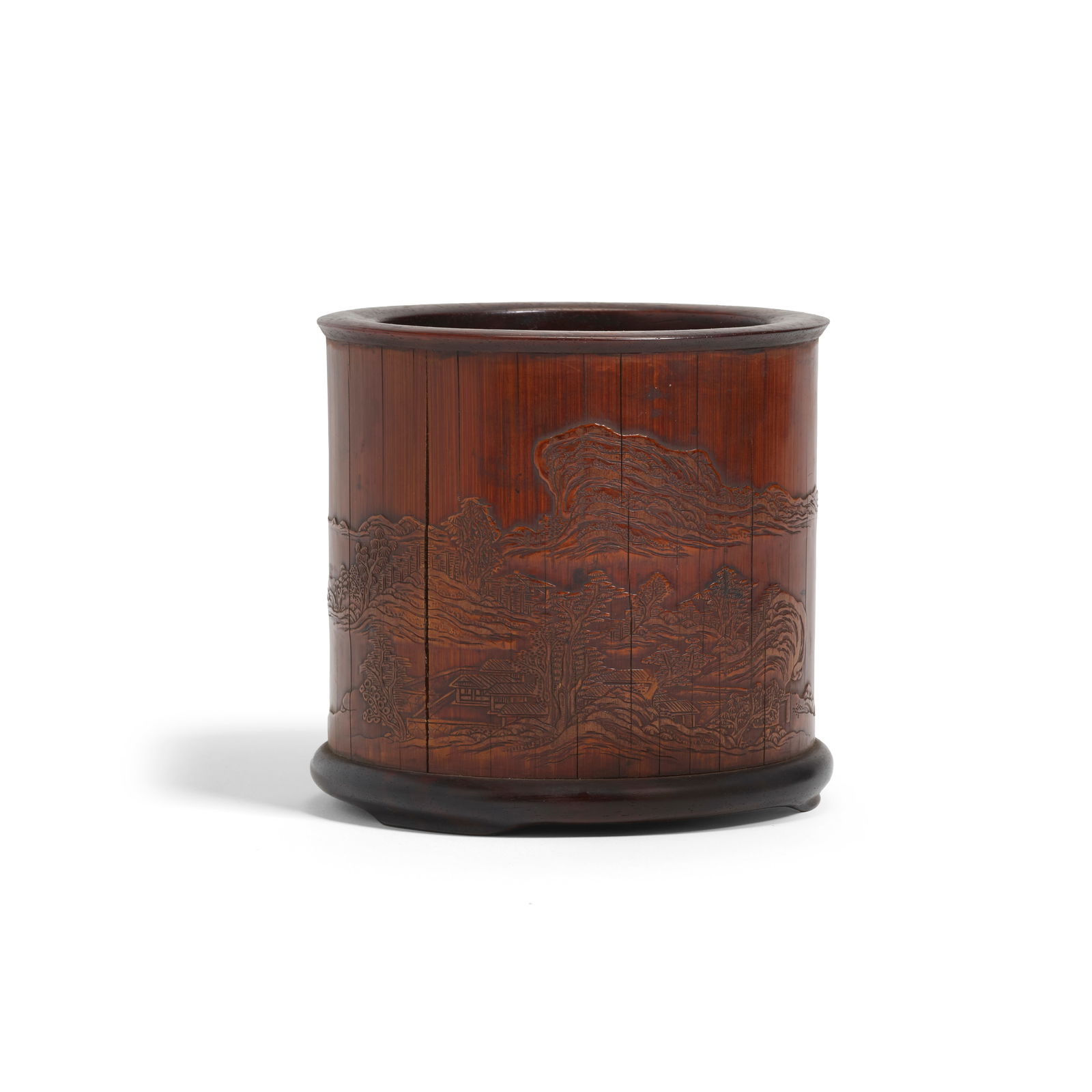 A CARVED BAMBOO 'LANDSCAPE' BRUSHPOT IN THE STYLE OF ZHANG XIHUANG 18th/19th Century (1 of 1)