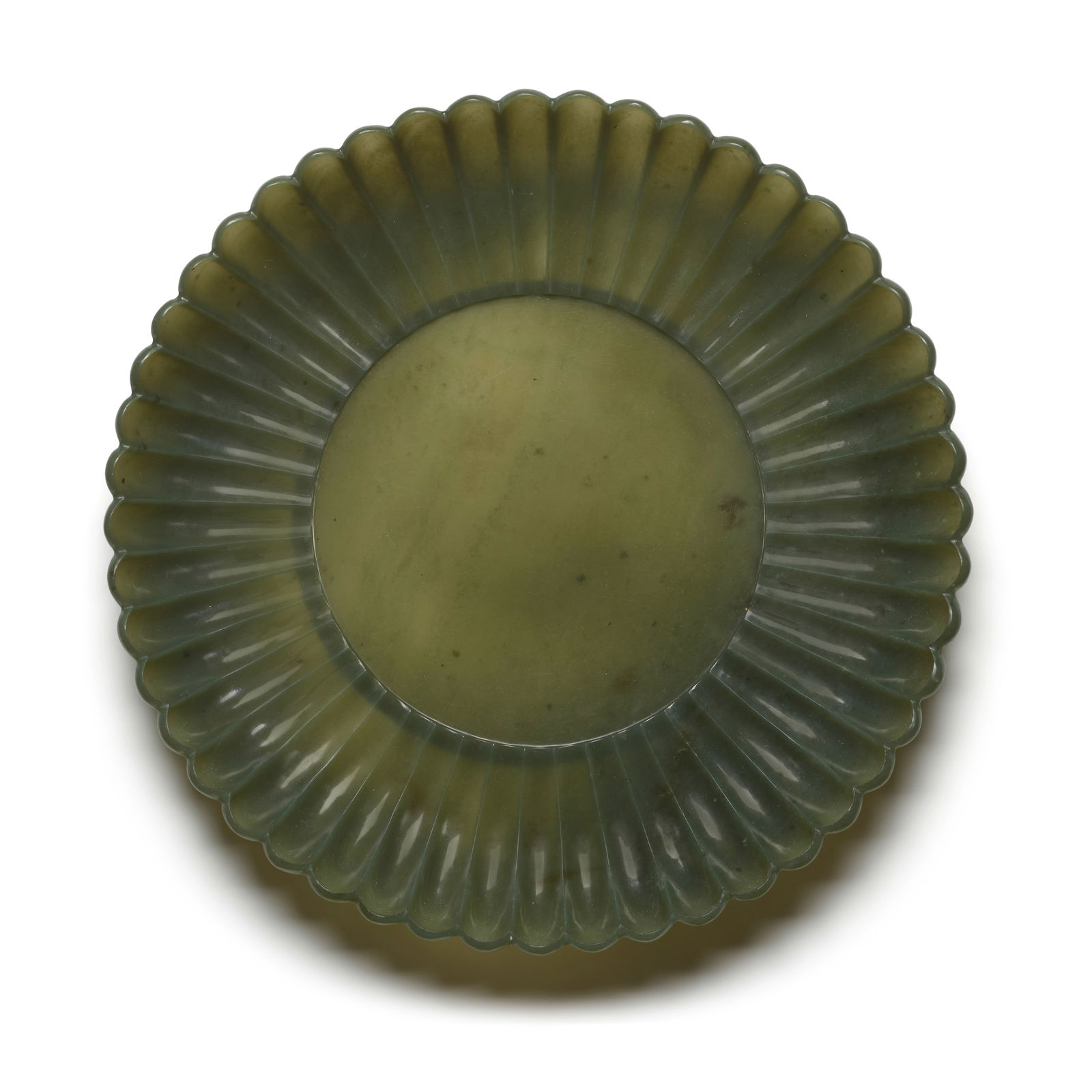 A SPINACH GREEN JADE 'CHRYSANTHEMUM' DISH Early 20th Century (1 of 1)