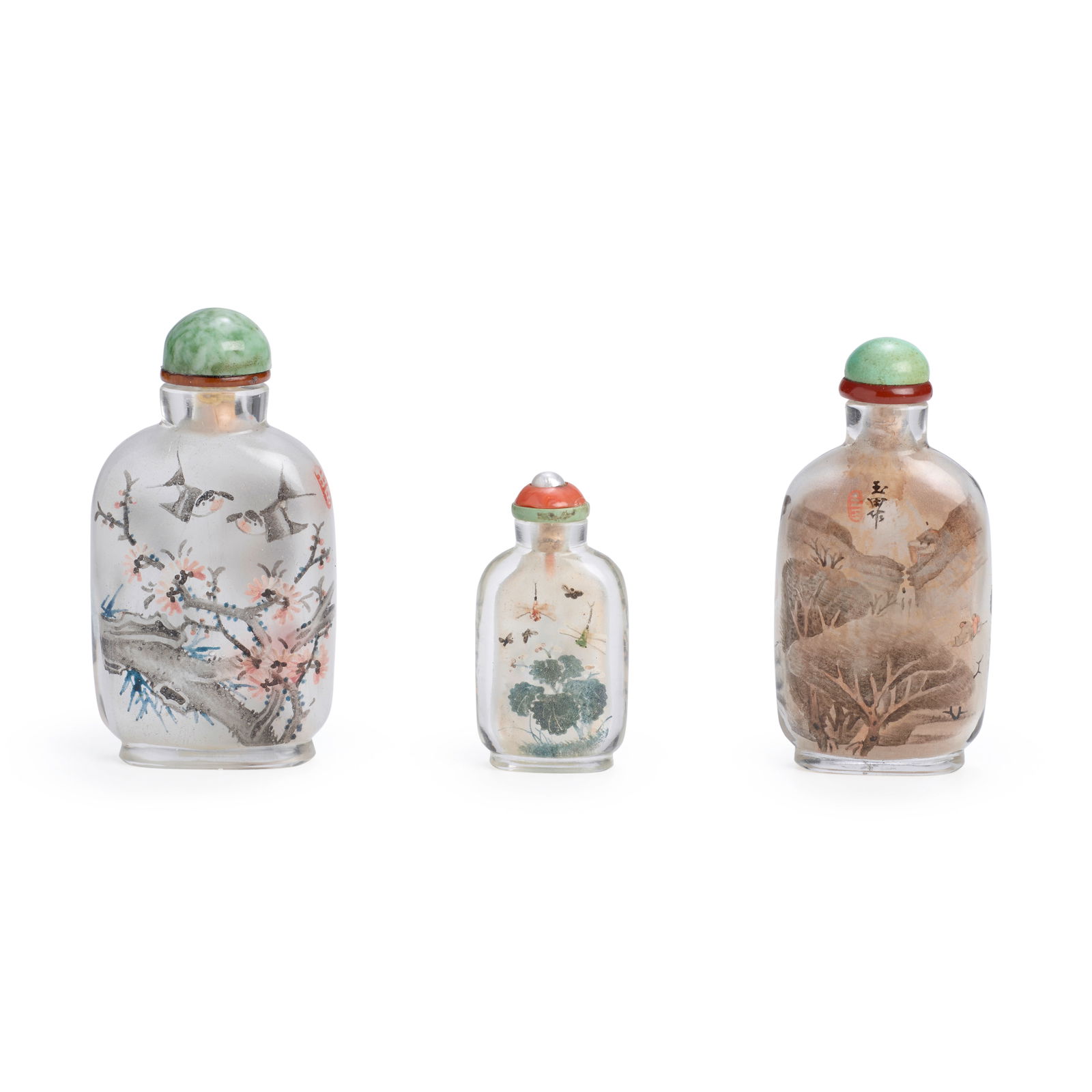 THREE INSIDE-PAINTED GLASS SNUFF BOTTLES The first: Circa 1900 The second: 1895-1910 The third: ... (1 of 2)
