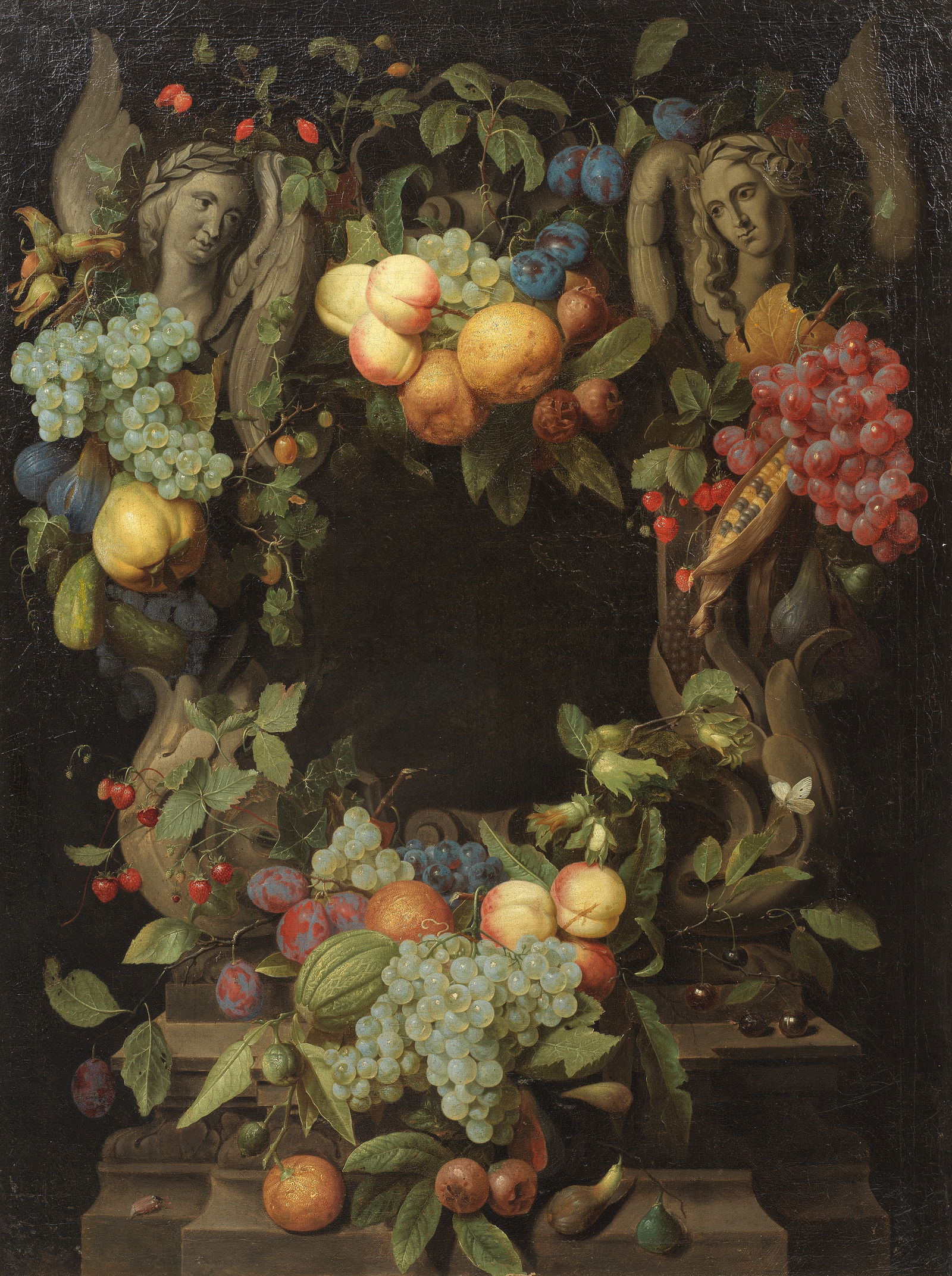 Joris van Son (Antwerp 1623-1667) A garland of peaches, damsons, grapes, pears, cobb nuts, maize...: Joris van Son (Antwerp 1623-1667) A garland of peaches, damsons, grapes, pears, cobb nuts, maize and other fruits and flowers surrounding a stone cartouche with sculpted angels oil on canvas 111.3 x 8