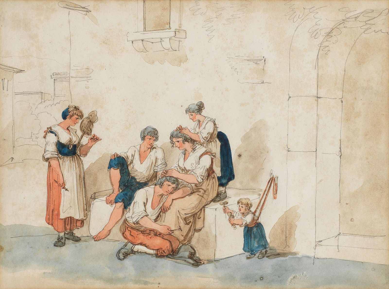 Bartolomeo Pinelli (Italian, 1781-1835) Bull running; men playing boules; young men listening to...: Bartolomeo Pinelli (Italian, 1781-1835) Bull running; men playing boules; young men listening to a Neapolitan singer; a group in conversation on a street a set of four, pencil and watercolour 32.4 x 2