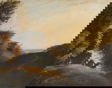 Attributed to William Hodges, R.A. (British, 1744-1797) View of Tivoli: the Cascatelle and the V...: Attributed to William Hodges, R.A. (British, 1744-1797) View of Tivoli: the Cascatelle and the Villa of Maecenas with an artist sketching in the foreground oil on canvas 77.7 x 96.7cm (30 9/16 x 38 1/