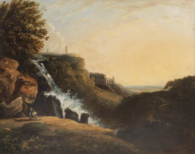 Attributed to William Hodges, R.A. (British, 1744-1797) View of Tivoli: the Cascatelle and the V...: Attributed to William Hodges, R.A. (British, 1744-1797) View of Tivoli: the Cascatelle and the Villa of Maecenas with an artist sketching in the foreground oil on canvas 77.7 x 96.7cm (30 9/16 x 38 1/