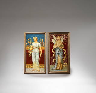 MINTON HOLLINS Two figural tile panels, circa 1890: MINTON HOLLINSTwo figural tile panels, circa 1890Each panel made of two 8-inch tiles and painted in colours overglaze with classical figures, one possibly 'Pomona' and the other 'Pandora'. Framed.41 c