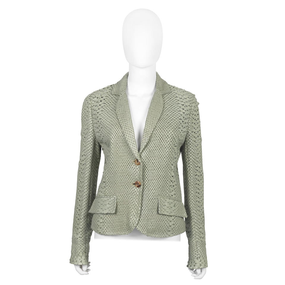 John Galliano for Christian Dior: a Jade Green Snakeskin Effect Leather Jacket 2003: John Galliano for Christian Dior: a Jade Green Snakeskin Effect Leather Jacket 2003 Soft lambskin with pierced python design, unlined Condition Grade B- Labelled size 42 Lot to be sold without reserve