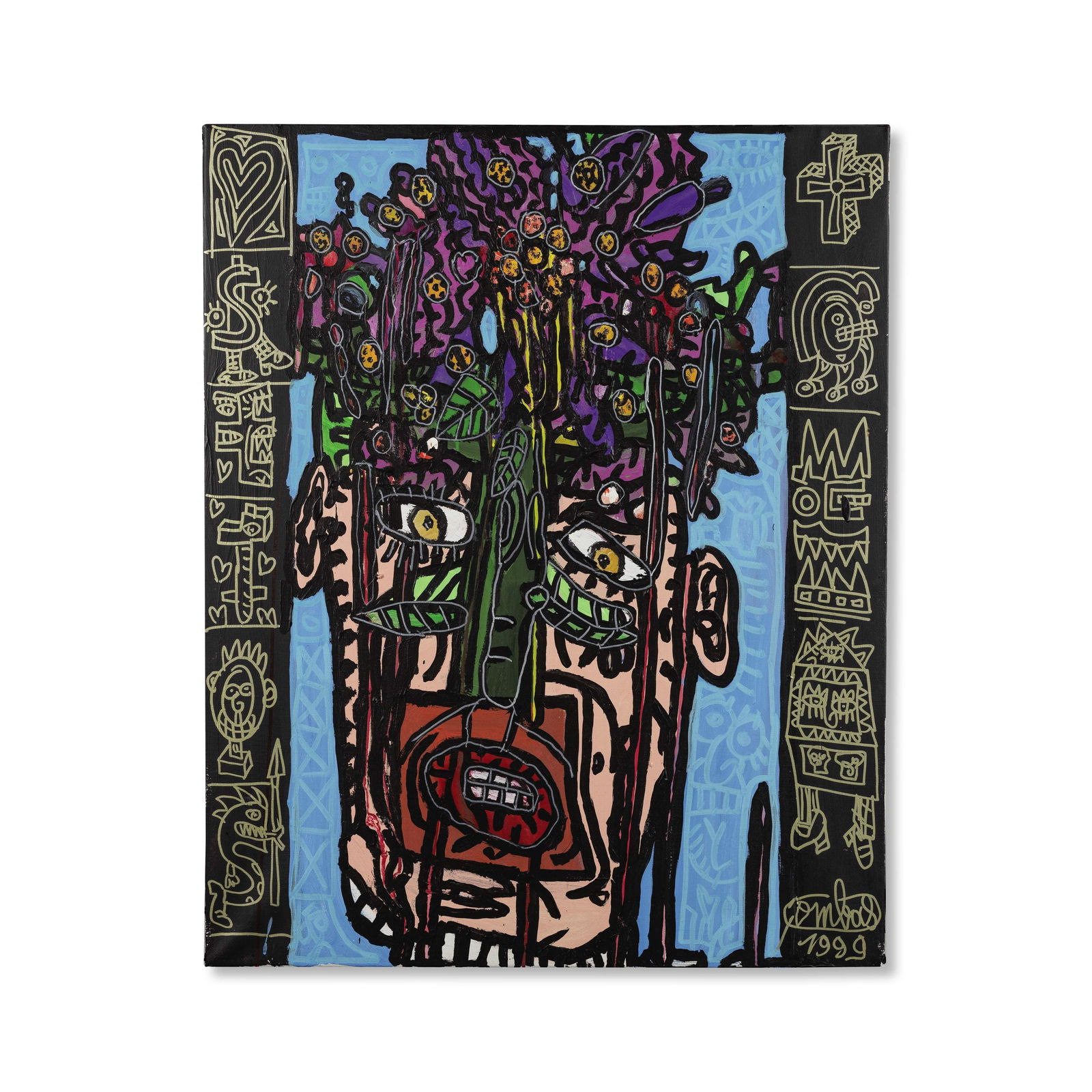 ROBERT COMBAS (born 1957) Personnage fleur entouré d'un cœur, d'une croix, d'un martea...: ROBERT COMBAS (born 1957) Personnage fleur entouré d'un cœur, d'une croix, d'un marteau, d'un S, d'une tête d'ovale, d'un autre S vengeur et de deux ou trois 'trucs' en plus. 1999 sign&