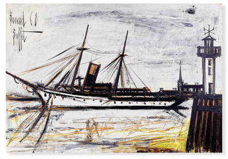 BERNARD BUFFET (1928-1999) Yacht et phare: BERNARD BUFFET (1928-1999) Yacht et phare signé et daté 'Bernard Buffet 68' (en haut à gauche) huile sur toile Peint en 1968 signed and dated 'Bernard Buffet 68' (upper left) huile sur