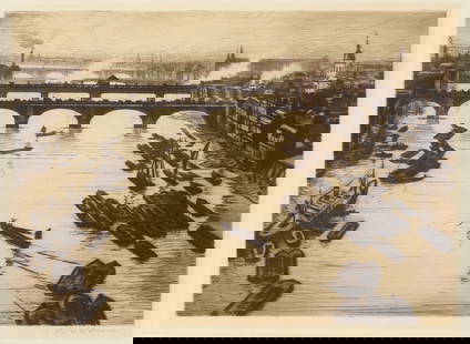 Christopher Richard Wynne Nevinson A.R.A. (British, 1889-1946) London Bridges Drypoint, circa 19...: Christopher Richard Wynne Nevinson A.R.A. (British, 1889-1946) London Bridges (Black 68) Drypoint, circa 1920, a richly inked impression, on J Whatman laid paper, signed in pencil, from the edition of