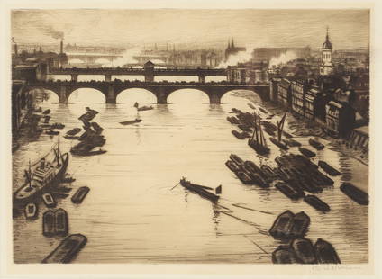 Christopher Richard Wynne Nevinson A.R.A. (British, 1889-1946) London Bridges Drypoint, circa 19...: Christopher Richard Wynne Nevinson A.R.A. (British, 1889-1946)London Bridges (Black 68) Drypoint, circa 1920, a richly inked impression, on J Whatman laid paper, signed in pencil, from the edition of