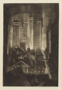 Christopher Richard Wynne Nevinson A.R.A. (British, 1889-1946) New York: Night Mezzotint, 1921, ...: Christopher Richard Wynne Nevinson A.R.A. (British, 1889-1946) New York: Night (Black 84) Mezzotint, 1921, a fine impression of this rare print, on laid paper with watermark 'ENGLAND', signed in penci