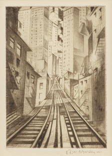 Christopher Richard Wynne Nevinson A.R.A. (British, 1889-1946) New York: An Abstraction Drypoint...: Christopher Richard Wynne Nevinson A.R.A. (British, 1889-1946) New York: An Abstraction (Black 77) Drypoint, 1921, on laid paper, signed in pencil, framed Plate 126 x 89mm (5 x 3 1/2in) Sheet 280 x 20