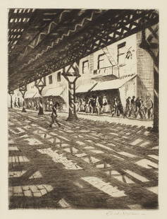 Christopher Richard Wynne Nevinson A.R.A. (British, 1889-1946) Third Avenue (Elevated Railway/Un...: Christopher Richard Wynne Nevinson A.R.A. (British, 1889-1946) Third Avenue (Elevated Railway/Under the Elevated) (Black 80) Drypoint, 1921, a good impression, on laid paper, signed in pencil, from th