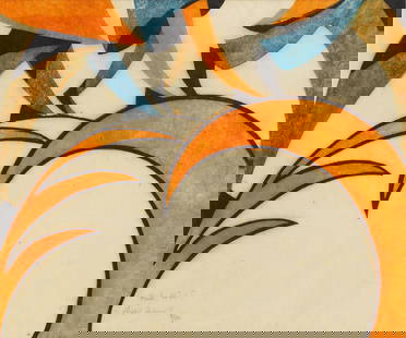 Sybil Andrews CPE (British/Canadian, 1898-1992) Rush Hour Linocut printed in Chinese orange, Chi...: Sybil Andrews CPE (British/Canadian, 1898-1992) Rush Hour (Coppel SA 11) Linocut printed in Chinese orange, Chinese blue and black, 1930, on tissue thin oriental laid paper, signed, titled and numbere