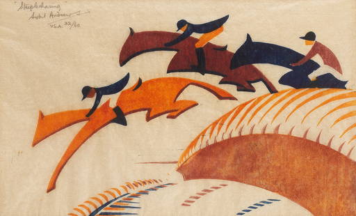 Sybil Andrews CPE (British/Canadian, 1898-1992) Steeplechasing Linocut printed in Chinese orange...: Sybil Andrews CPE (British/Canadian, 1898-1992) Steeplechasing (Coppel SA 10) Linocut printed in Chinese orange, alizarin purple madder and Prussian blue, 1930, a vibrant impression, on tissue thin or